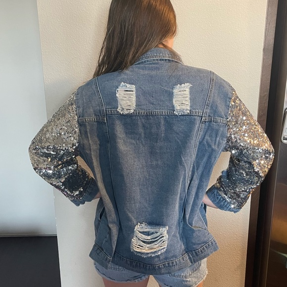 NEW Vintage Distressed Denim Sequin Bling Jacket - Picture 2 of 3